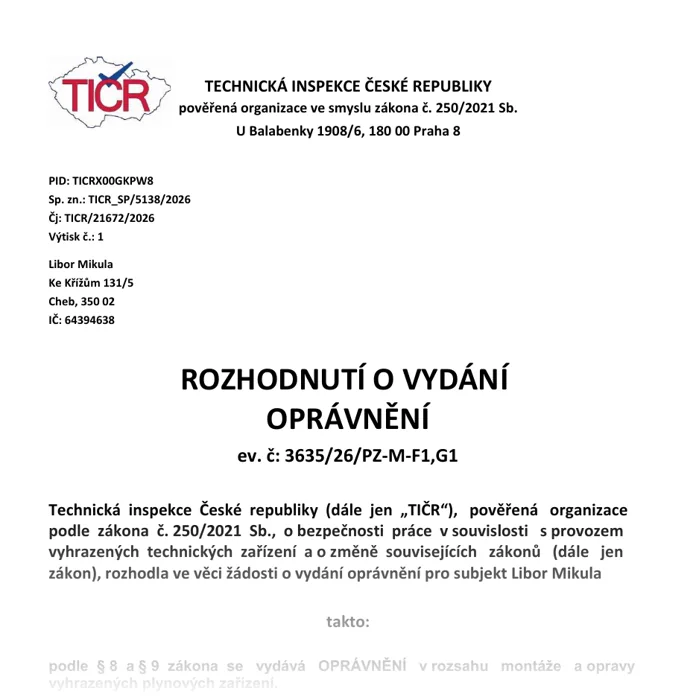 Oprávnění TIČR pro montáže a opravy plynových zařízení